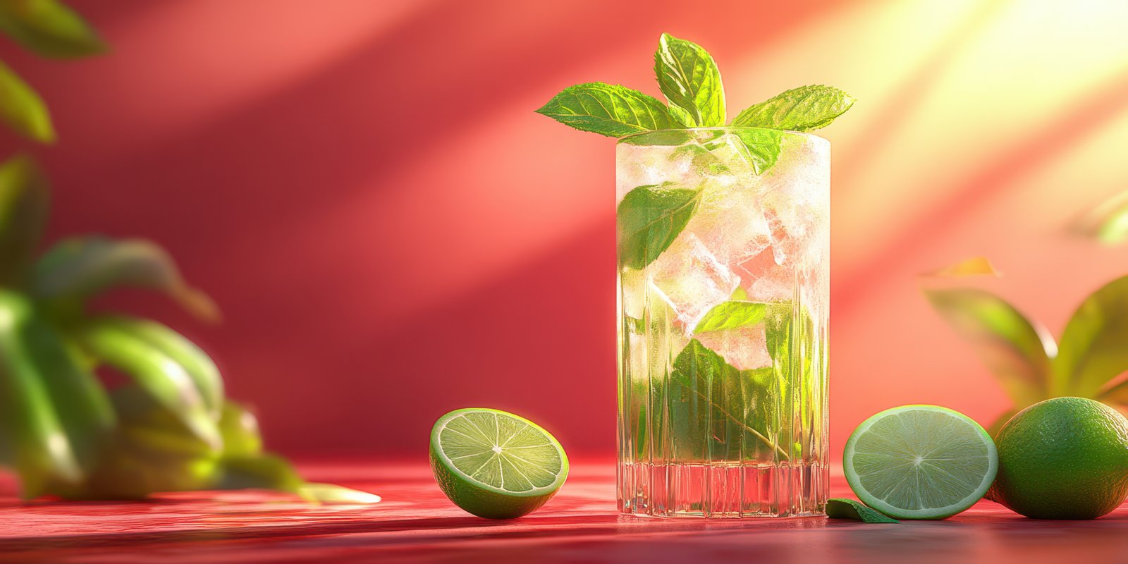 Refreshing mint lime drink served in a glass garnished with fresh mint and lime in a warm, inviting ambiance